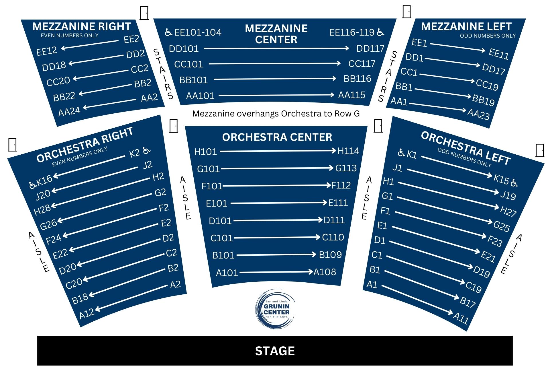 A Visual representation of our seat map. Please call the box office at 732-255-0500 for a verbal descripion