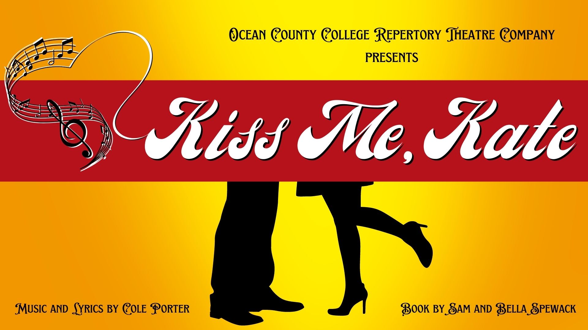Kiss Me, Kate. Title in a red band with silhouette's of two people implying kissing on a yellow and gold background.