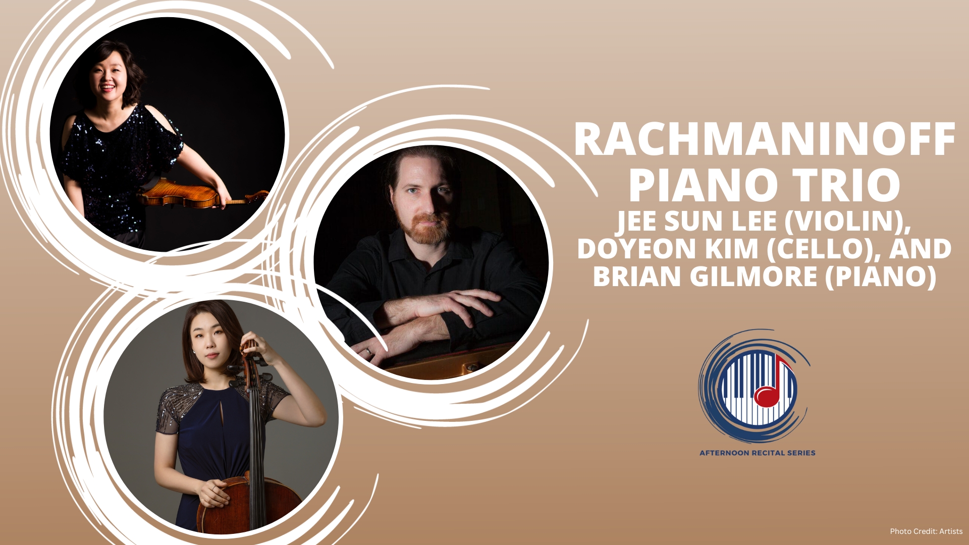 Rachmaninoff Trio artists in Grunin Center logos