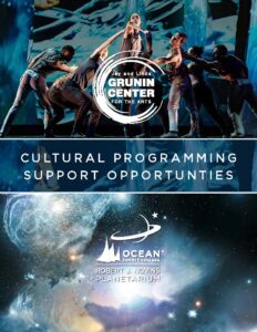 Cover of Cultural Programming Support Opportunities. The top half has dancers with the Grunin Center logo over it. The bottom have has a nebula with the Novins Planetarium logo over it.