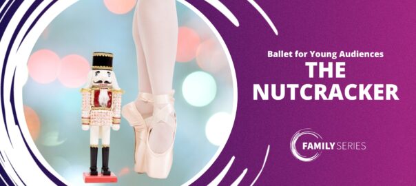 Nutcracker and ballet pointe shoes with "The Nutcracker" text on a purple background.