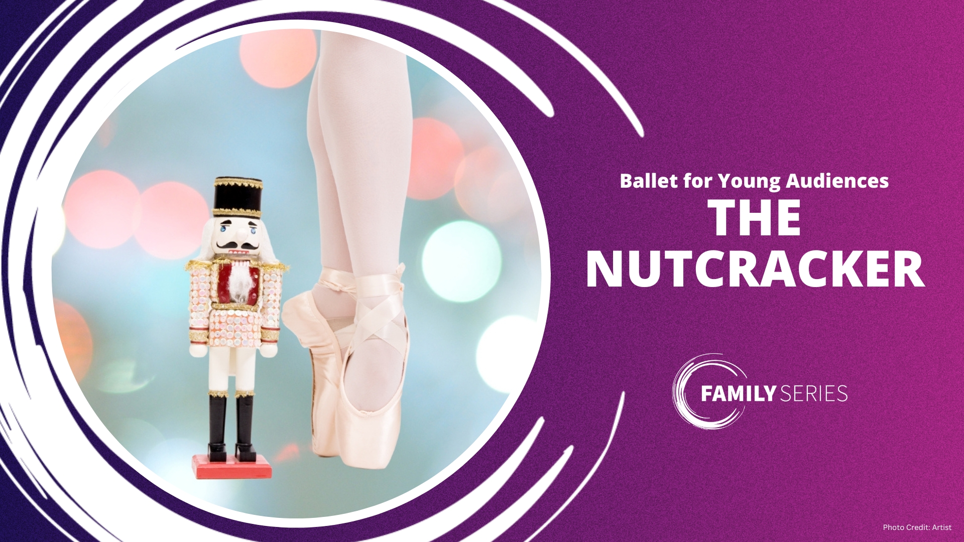 Nutcracker and ballet pointe shoes with "The Nutcracker" text on a purple background.