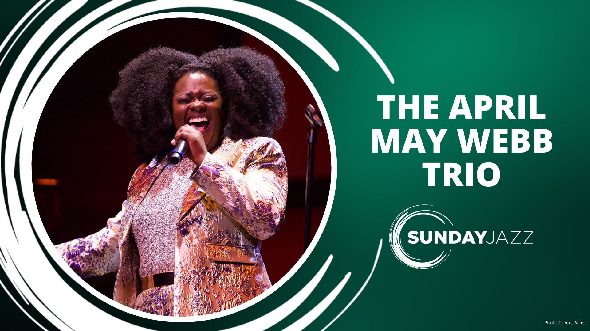 A person passionately singing on a poster with the text "THE APRIL MAY WEBB TRIO" and the "SUNDAY JAZZ" logo.