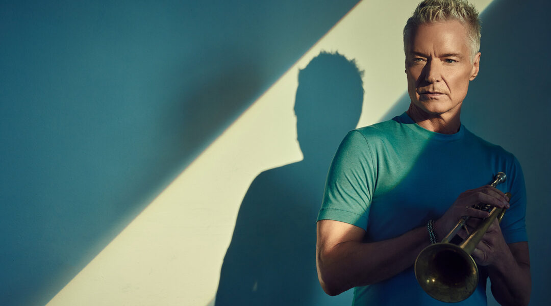 Person with light hair holding a trumpet against a blue and off-white background.