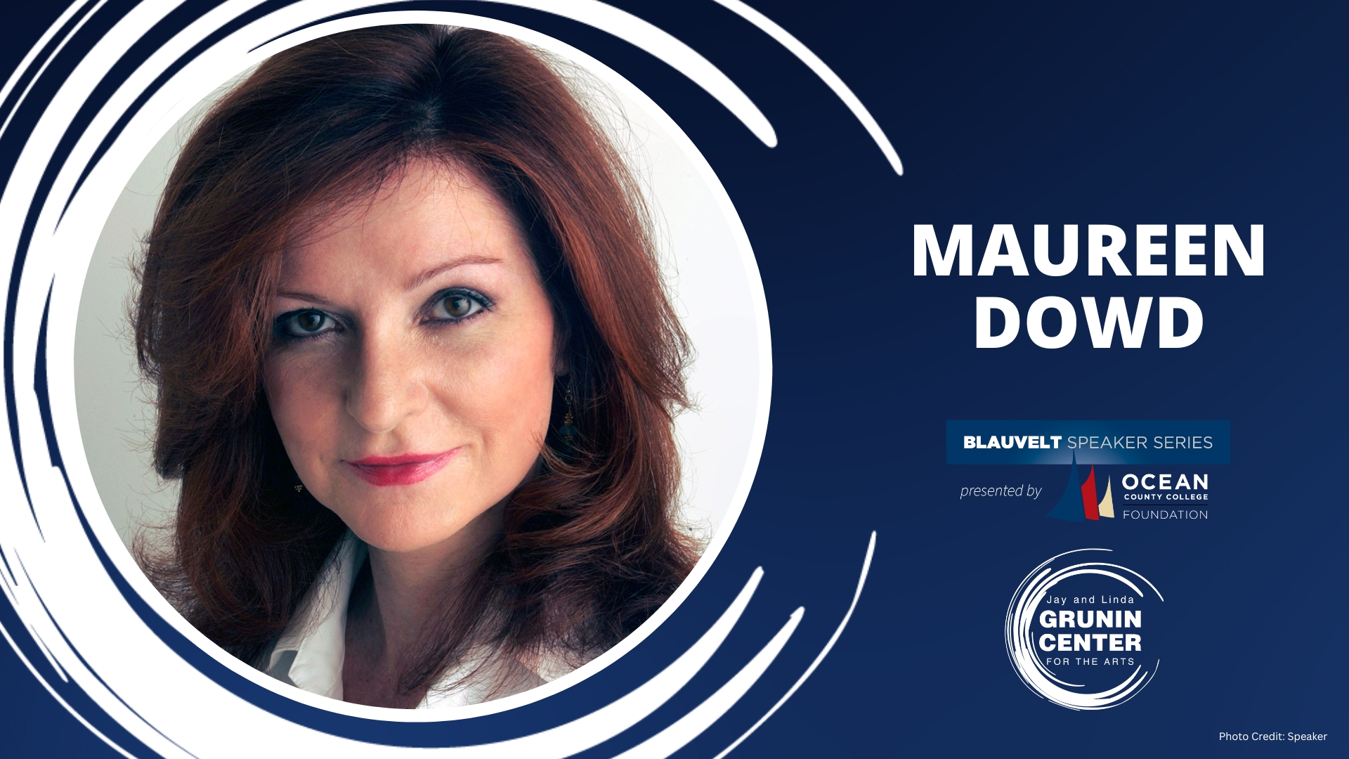 Portrait of a woman with auburn hair titled "Maureen Dowd" alongside event logos and text.