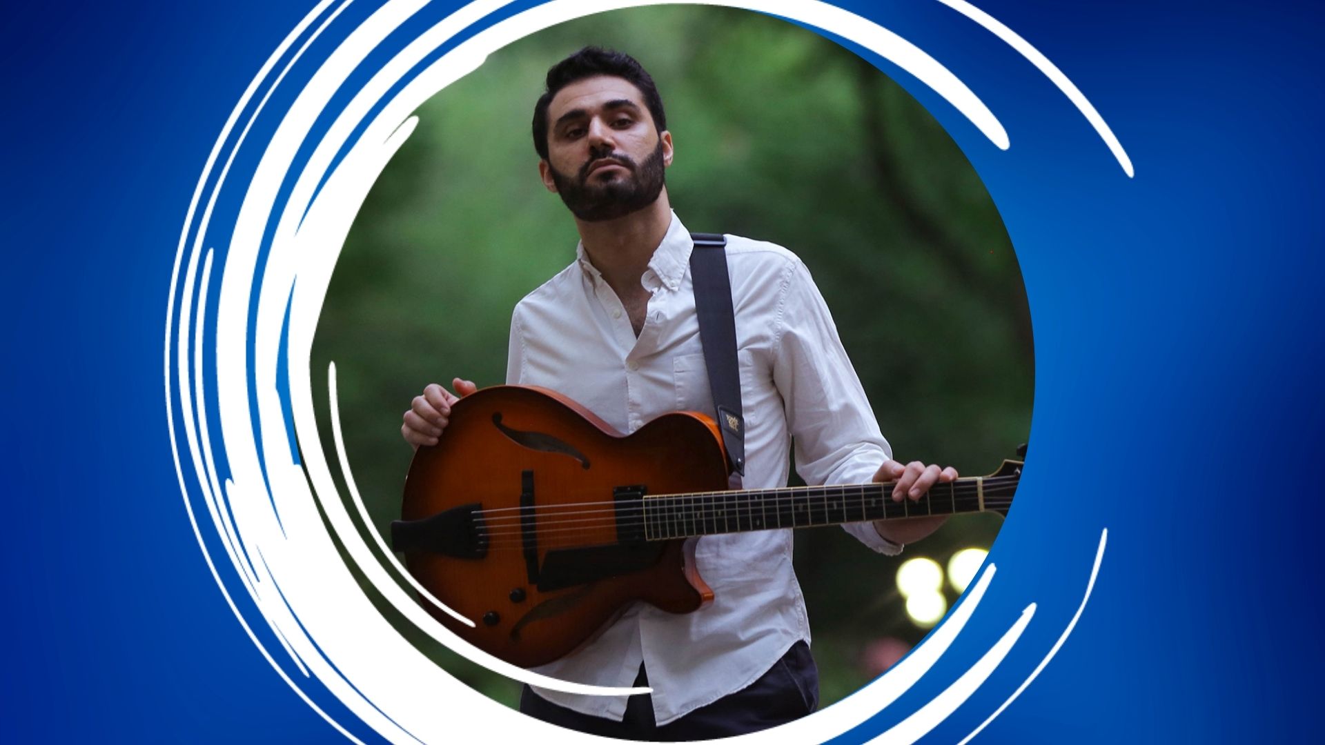 Adam Moezinia – 1920×1080 Feature Person holding a guitar, framed by a blue and white circular design.