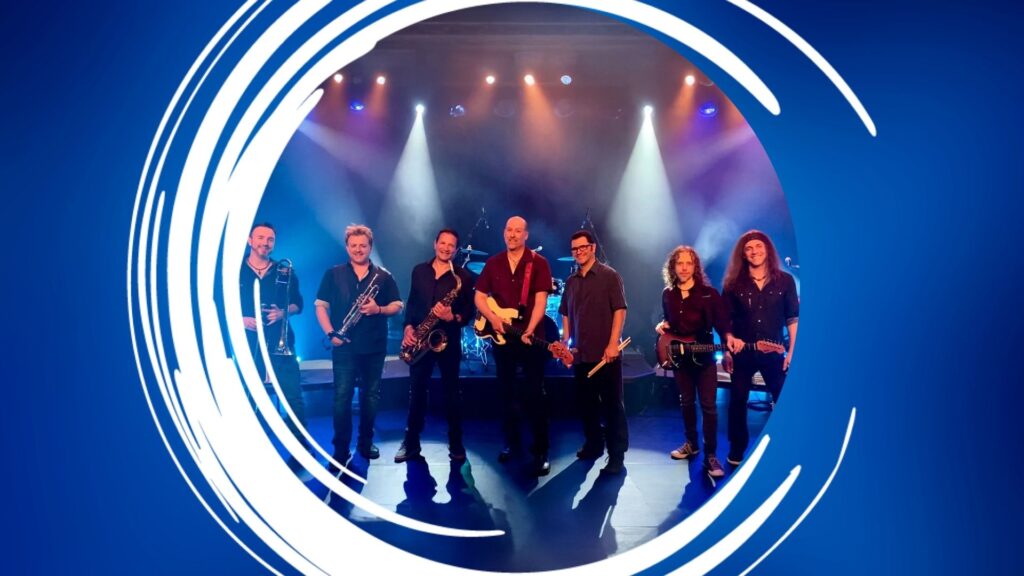 Seven musicians with instruments on a stage, framed by a white swirl design on a blue background.