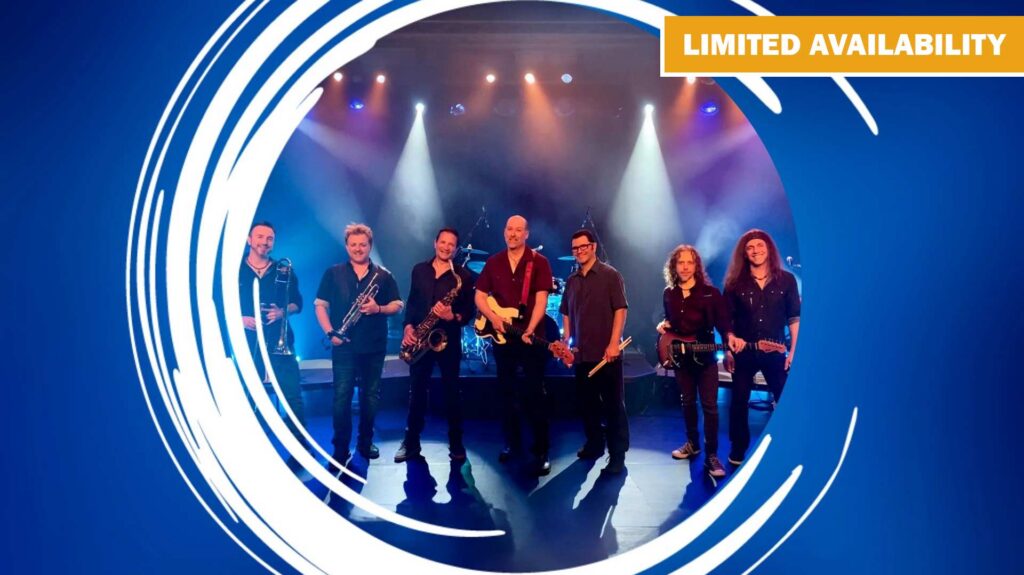 A band of seven musicians stands on a stage with colorful lighting, framed by swirling blue and white lines, and an orange banner reading "LIMITED AVAILABILITY."