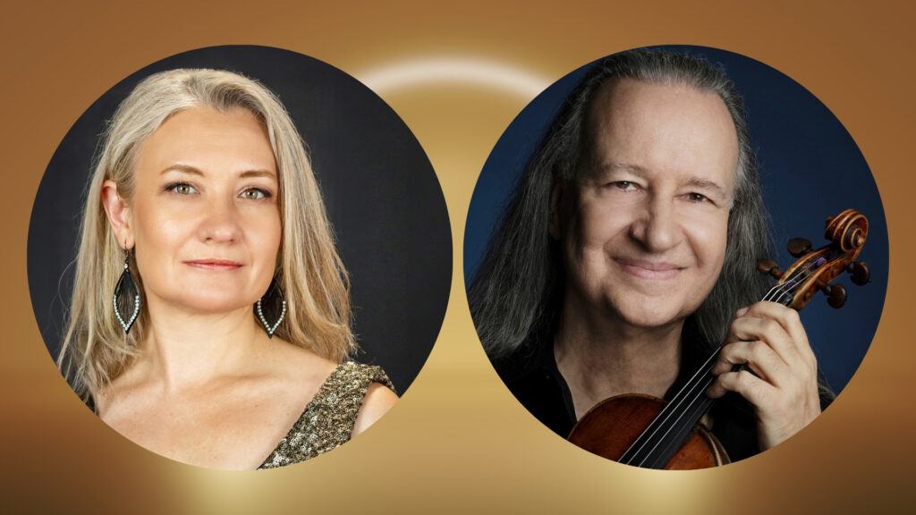 Portraits of a woman with blonde hair and a man holding a violin, set against a golden-brown gradient background.