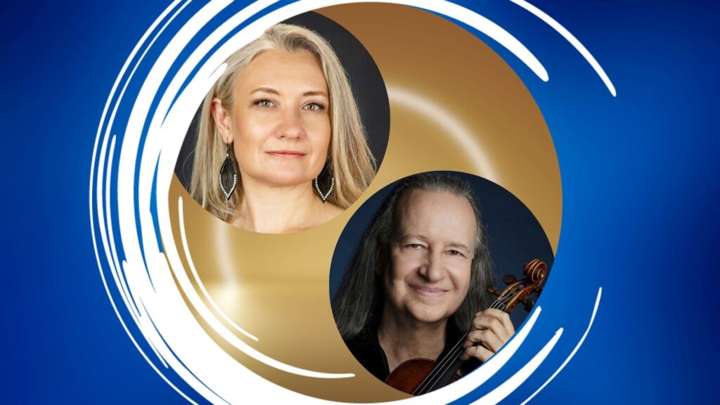 Two portraits set against a swirling blue, white, and gold background.