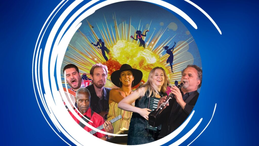 A group of musicians playing instruments in front of a colorful, cosmic-themed illustration.