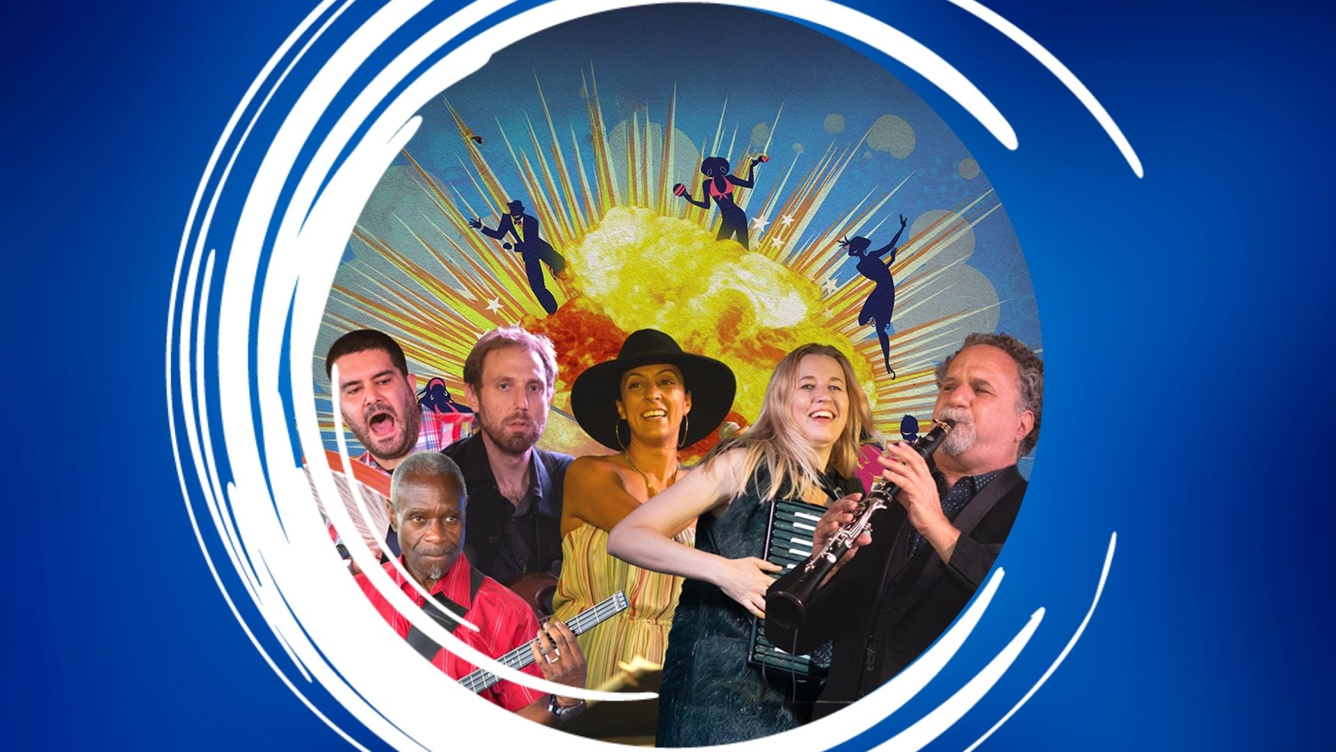 GVE – 1920×1080 Feature A group of musicians playing instruments in front of a colorful, cosmic-themed illustration.