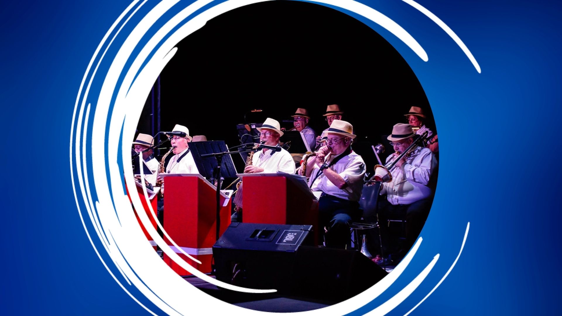 SJBB 2026 – 1920×1080 Feature Band musicians playing instruments on stage, surrounded by a blue border with white swirls.