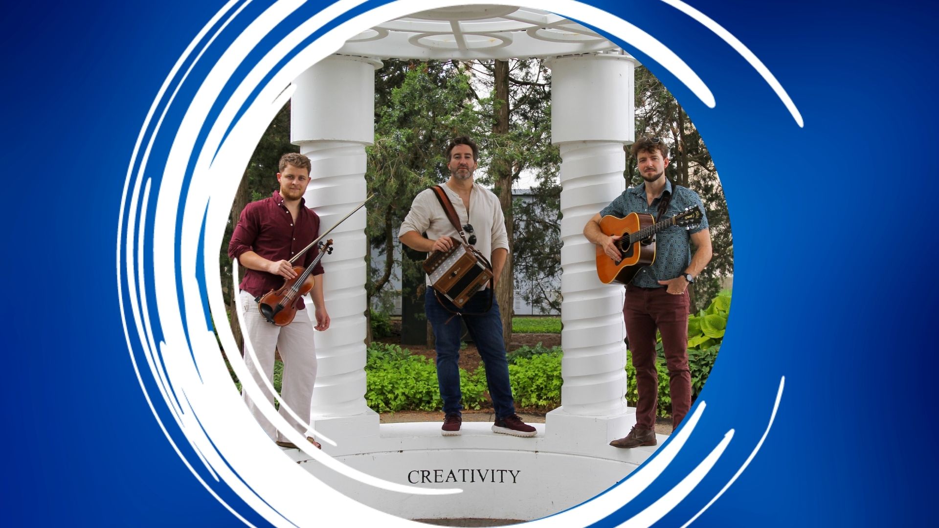 SitFP – 1920×1080 Feature Three men with instruments under a pavilion, surrounded by a blue and white circular border.