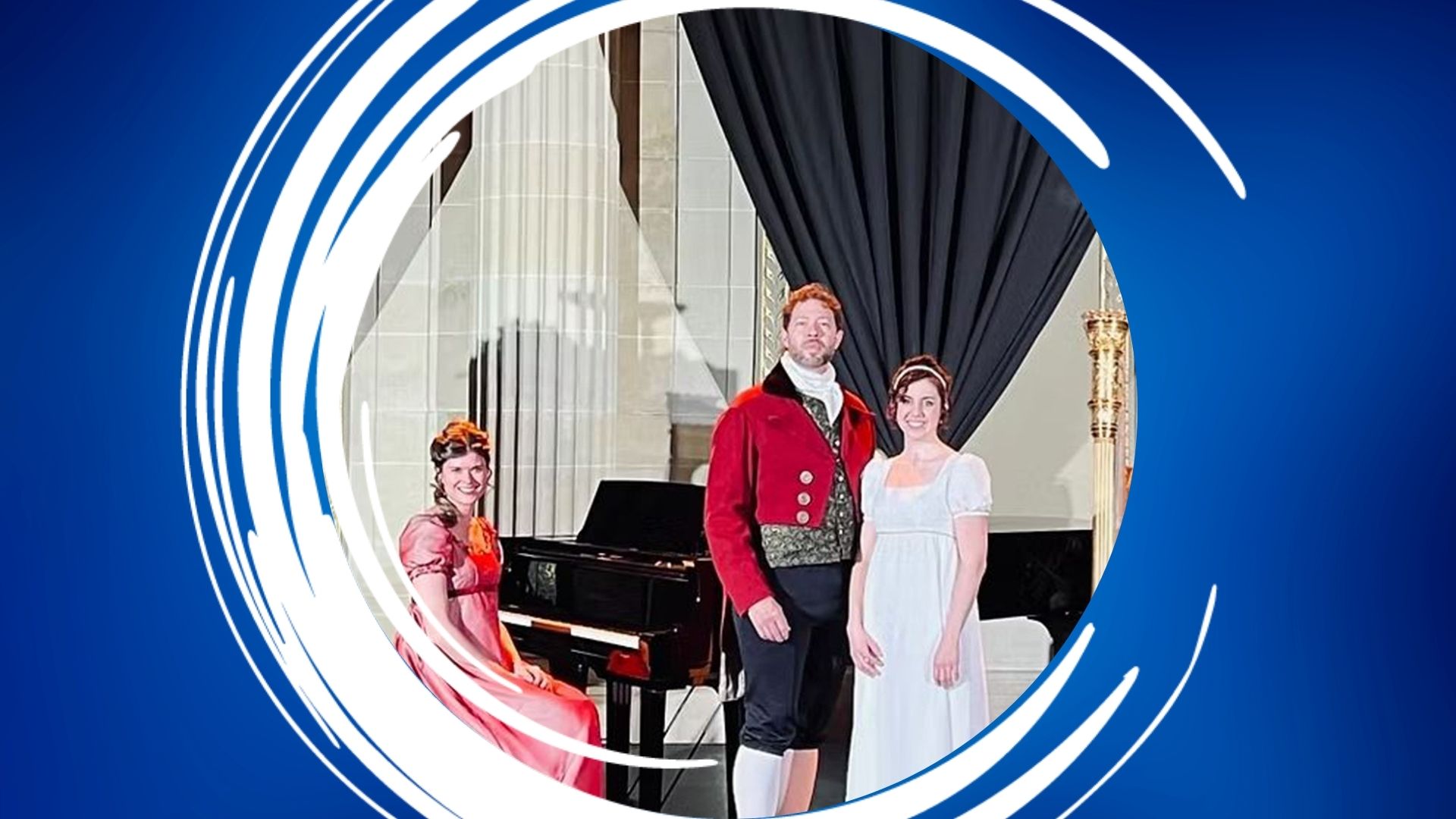 TJAP – 1920×1080 Feature Three people in period costumes near a black grand piano, encircled by a white, swirling graphic on a blue background.