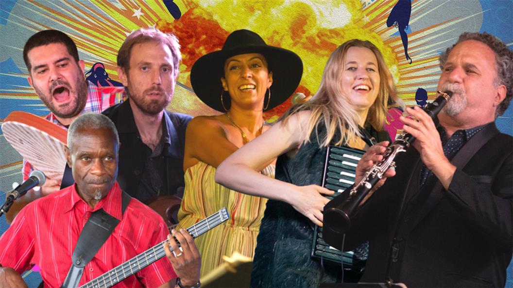 A group of six musicians playing instruments against a colorful, comic-style background.