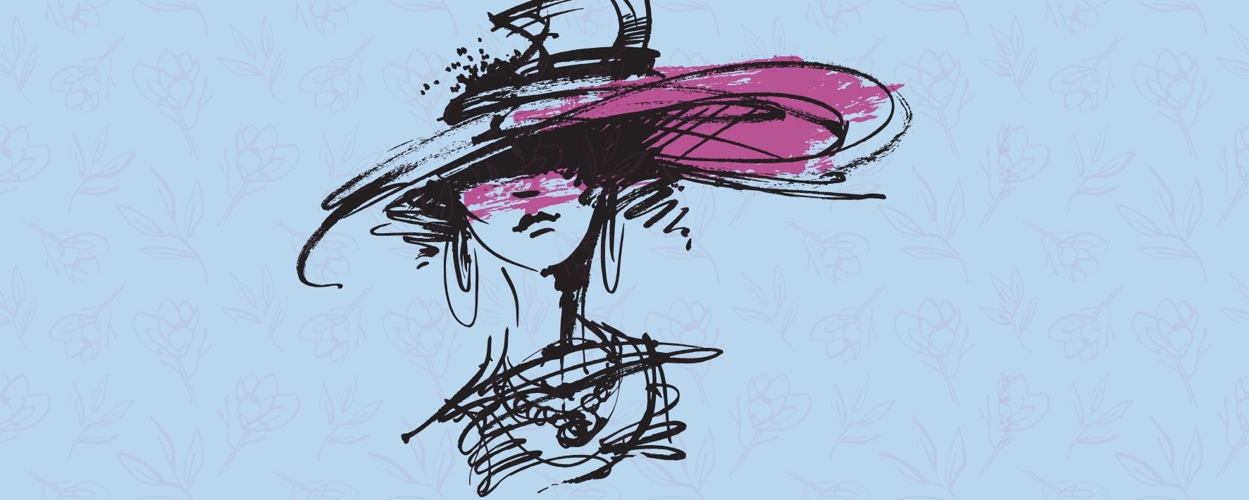 A Victorian woman with a pink hat in front of a blue flowered background
