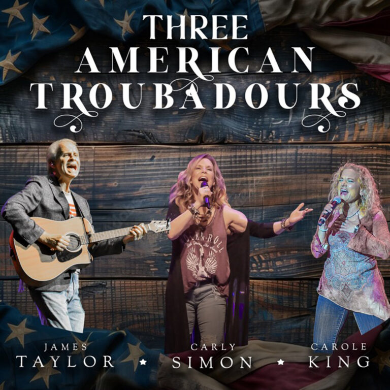 A promotional image for Three American Troubadours featuring 1 man with a guitar and two women singing with a wooden background.