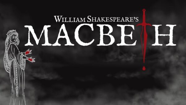 Title page for "William Shakespeare's Macbeth" with a red sword as the letter "T" and a ghostly figure with bloody hands.