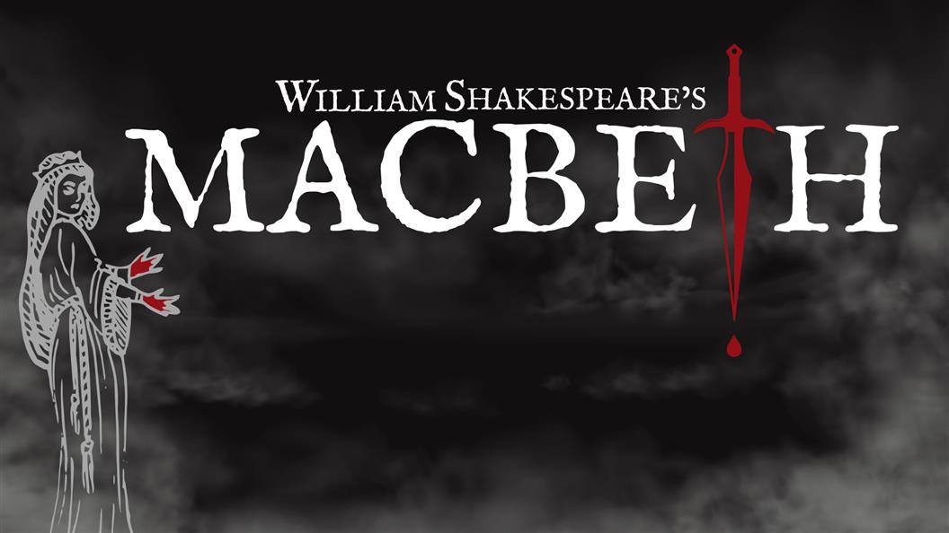 Title page for "William Shakespeare's Macbeth" with a red sword as the letter "T" and a ghostly figure with bloody hands.