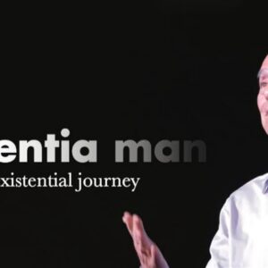 A man in a light-colored shirt looks upward; text to the left reads "dementia man, an existential journey."