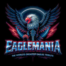 An eagle holding a guitar neck with wings spread, surrounded by lightning bolts and glowing text "EAGLEMANIA."