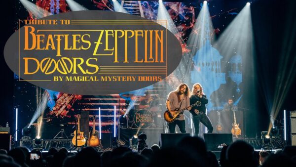 Live concert with musicians performing, stage lights, and a graphic overlay with text.
