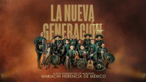 Mariachi band in charro suits with instruments, with text: LA NUEVA GENERACIÓN Tour.