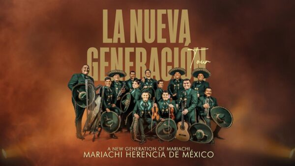 Mariachi band in charro suits with instruments, with text: LA NUEVA GENERACIÓN Tour.