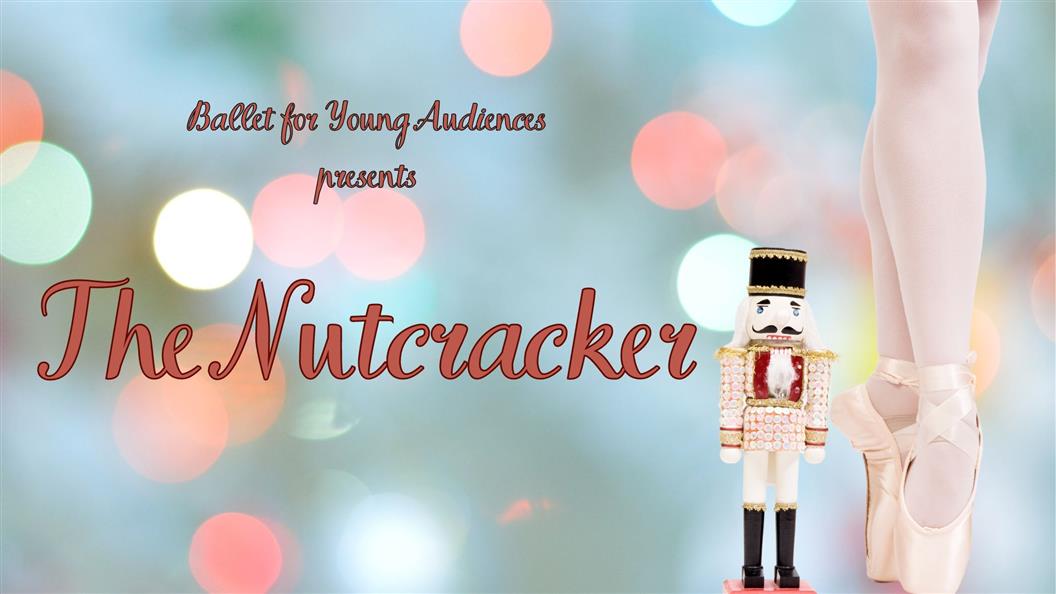 Ballet dancer en pointe with a Nutcracker figure beside them, set against a colorful bokeh background.