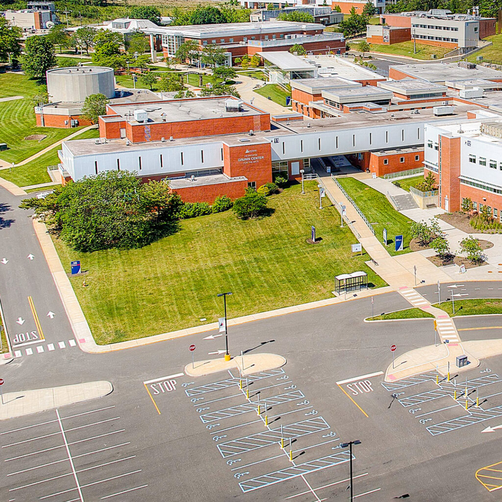 An arial view of the Grunin Center highlighting the accessible parking spots and venues