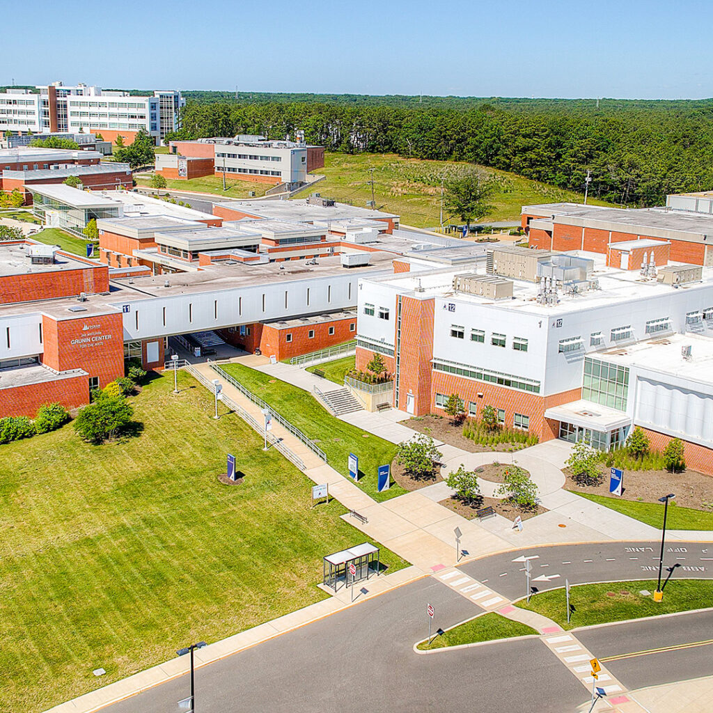 An arial shot of the front of the Grunin Center of the Arts
