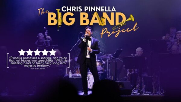 A man sings into a microphone while surrounded by musicians. The image features a title above reading "The BIG BAND Project" in yellow text.
