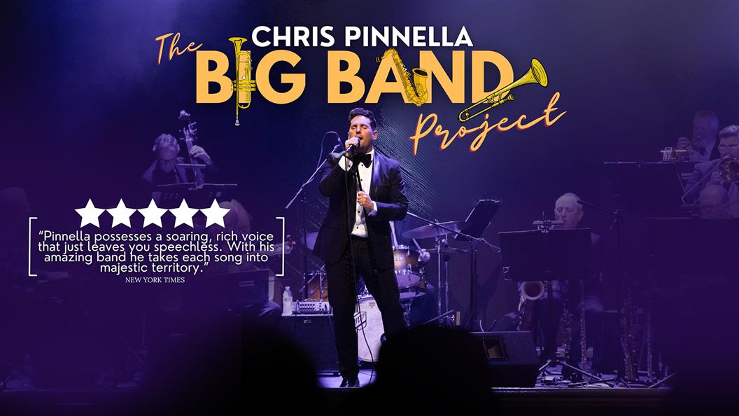 A man sings into a microphone while surrounded by musicians. The image features a title above reading "The BIG BAND Project" in yellow text.
