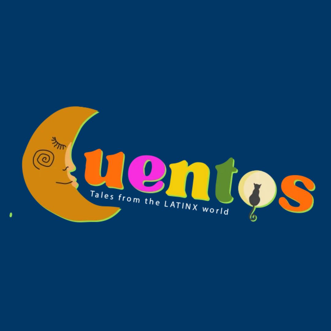 Colorful “Cuentos” logo featuring a crescent-moon face, a cat inside the letter “o,” and the subtitle “Tales from the LATINX world.”